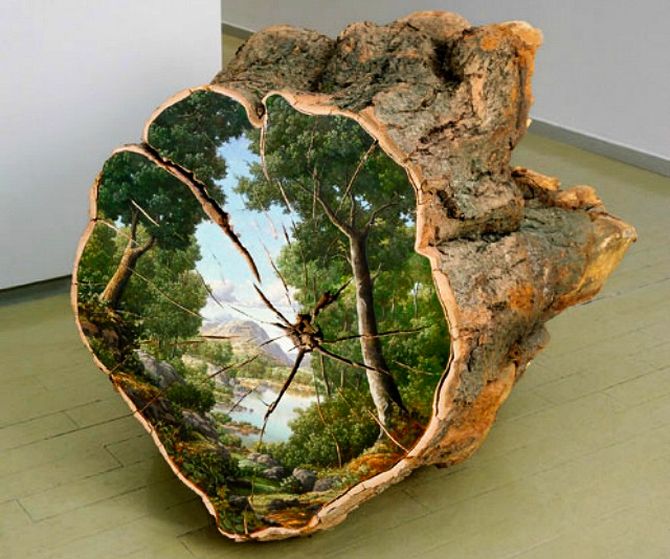 Alison Moritsugu hyper-realistic landscapes on salvaged wood