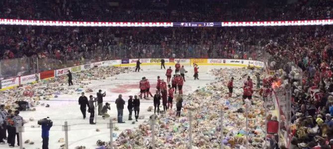Teddy Bear Toss: Watch 28,815 teddies being thrown during a hockey game[Video]